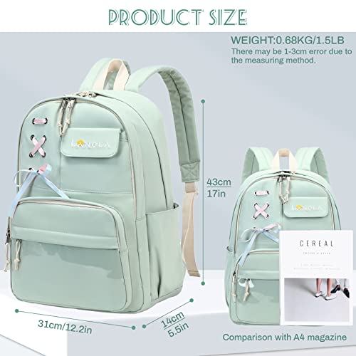 Lanola Teen Girl School Backpack Casual Daypack Bookbag Elementary College Travel Backpack with Cute Ribbon for Girls - color: Green
