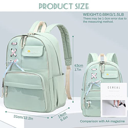 Lanola Teen Girl School Backpack Casual Daypack Bookbag Elementary College Travel Backpack with Cute Ribbon for Girls - color: Green