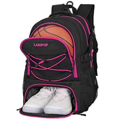 LARIPOP Basketball Backpack Large Basketball Bag with Ball Holder & Shoe Compartment for Adults Men Women - color: Rose Red