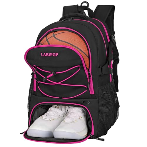 LARIPOP Basketball Backpack Large Basketball Bag with Ball Holder & Shoe Compartment for Adults Men Women - color: Rose Red