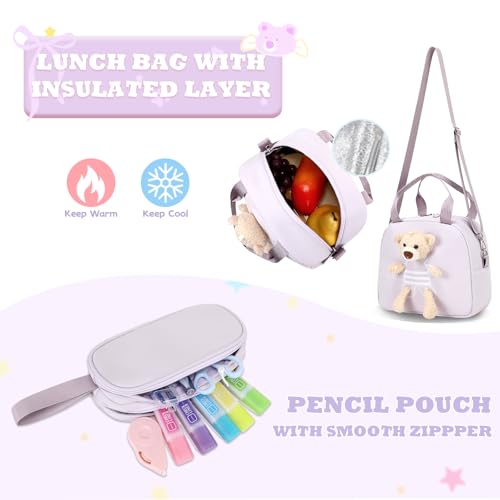 ACESAK School Backpack for Girls - 3 PCS Cute Girls Backpack with Lunch Box & Pencil Case - Kawaii Casual Kids Bookbag School Bag Daypacks Set for Elementary Middle High School Student Teens (Purple) - color: Purple