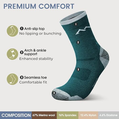 innotree Men's Merino Wool Hiking Socks 3 Pairs, Moisture Wicking Cushioned Breathable Crew Socks for Hiking Walking Trekking - color: Dark Grey, Light Gray, Cyan, size: Large