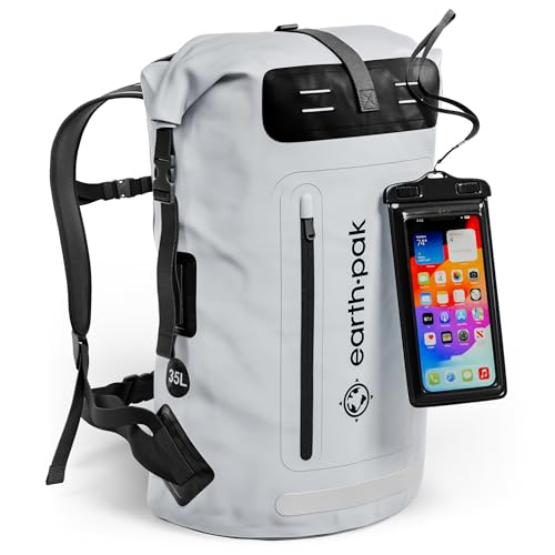 Earth Pak Waterproof Backpack - Heavy Duty Hiking Backpack - Roll-Top Closure Bag - Cushioned Dry Bag Waterproof Phone Case - color: Grey, size: 35L