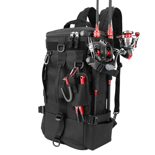 KOMCLUB Fishing Bag Black Fishing Sling Tackle Storage Backpack Outdoor Large Fishing Bag with Waterproof Rain Cover Fishing Gifts for Men - color: Black