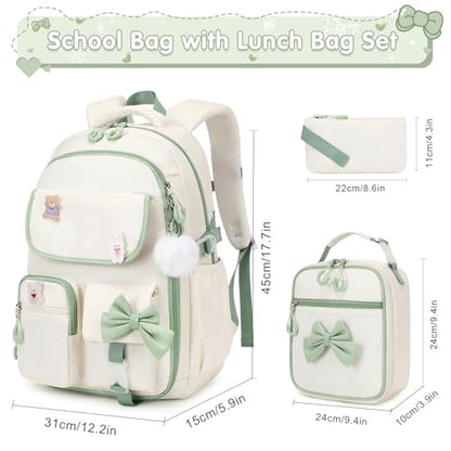 ACESAK Girls Backpack - 3PCS Backpack for Girls Cute School Backpacks for Girl Kindergarten Elementary Preschool Middle Kids School Bags with Lunch Box Pencil Case Set (Beige Green) - color: Beige Green
