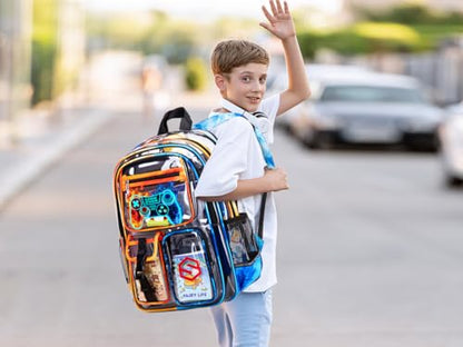 DIGOBAY 3PCS Cool Luminous Clear Backpack for Boys Kids, Gamer Clear Bookbag for School, See Through PVC Transparent Backpacks with Lunch Bag Pencil Case, Backpack Heavy Duty for School Stadium - color: Red-blue Flame