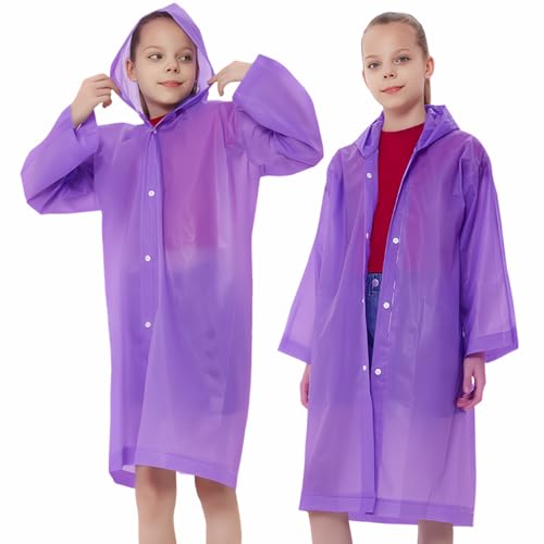 Rain Ponchos Raincoats for Kids, Reusable Boys Girls Rain Jackets Emergency with Hood for Family Disney Travel Outdoor - color: E-purple