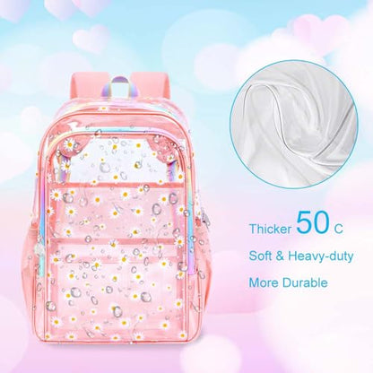gxtvo 3PCS Clear Backpack Heavy-Duty Set for Women & Teen Girls, 17" Pink Transparent Bookbag with Rainbow Strap, Cute Chrysanthemum See Through School Bag - color: Pink Chrysanthemum Clear Backpack Set