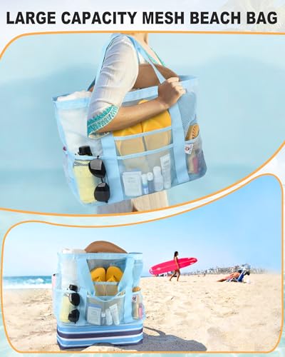CaCTOUR Beach Bag with Cooler Compartment,Mesh Beach Bag Dry Wet Detachable with Zipper Pockets,Waterproof Sandproof Pool Bag - color: Blue