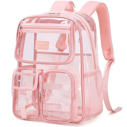 LXYGD Clear Backpack for School Stadium Approved Transparent Heavy Duty See Through College Bookbag Travel Work Daypack Security for Teens Girls Women Students (Pink) - color: Pink