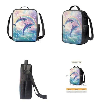 Rainbow Dolphin Backpack for Girls Kids School Backpack Set with Lunch Box Pencil Case Water Bottle Holder Trendy Backpack 4 in 1 Set for Elementary Middle School Students Gifts - color: Rainbow Dolphin