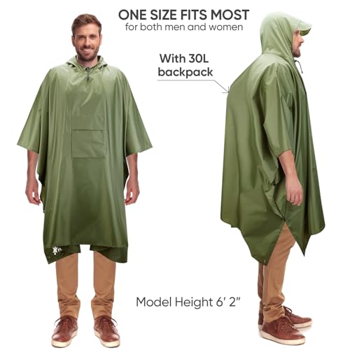 PTEROMY 3-in-1 Hooded Rain Poncho for Adult with Pocket, Waterproof Lightweight Unisex Raincoat for Hiking Camping Emergency - color: Green
