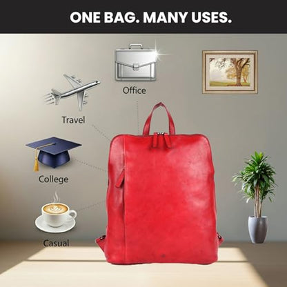 12.5 Inch Genuine Leather Backpack for Women and Men, Red Leather Backpack with Adjustable Shoulder Strap - color: Red