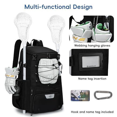 KAVIGOR Lacrosse Bag 65L, Extra Large Lacrosse Gear Backpack with Multi-Pocket Design, Helmet Holder & Ventilated Shoe Compartment - color: Black