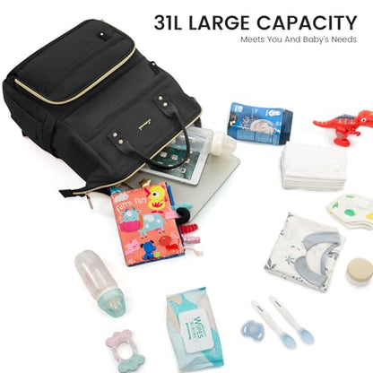 LOVEVOOK Diaper Bag Backpack, Baby Bag with Changing Station, Large Diaper Backpack for Moms Dads, Waterproof Leather Accents Baby Boy and Girl Bag for Travel Baby Essentials, Black - color: Black