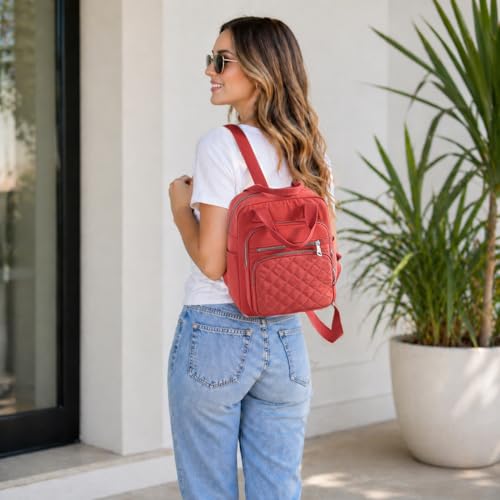 Small Backpack for Women Casual Quilted Square Bag Waterproof Multi Pockets Daypack Lightweight Top Handle Satchel - color: Orange Red