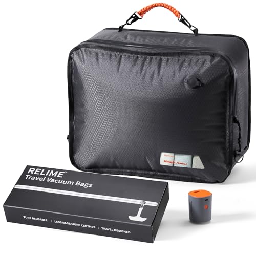 Relime Apex Series Vacuum Bags for Travel Luggage, 180° Open, Reusable Compression Bags for travel Pack, Vacuum Seal Packing Cube for Cloth (1Medium+Pump) - color: 1 Gray+Pump, size: Medium for Carry On