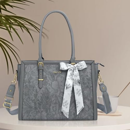 MOSISO Laptop Bag for Women, 17-17.3 inch PU Leather Tote Bag Compatible with MacBook, HP, Dell, Asus Notebook, Front Embossed Retro Hibiscus Computer Bags with Silk Scarf&Clutch Purse, Gray - color: Gray, size: 17.3 inch