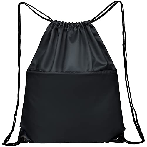 Drawstring Backpack Sports Water Resistant String Bag Sport Gym Sackpack for Women Men Large with Zipper, Black - color: Black