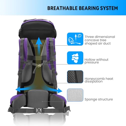 Bseash 80L Waterproof Hiking Camping Backpack with Rain Cover, Lightweight Outdoor Sport Travel Daypack for Climbing Touring (Purple) - color: Purple