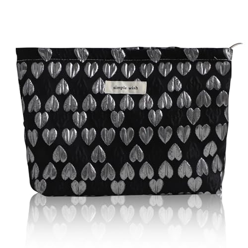 Wudygirl Cute Makeup Bag Cosmetic Bag Travel Cosmetic Pouch for Women Aesthetic Canvas Make up Organizer with Zipper Large Capacity Handbag Pencil Pouch (Black Heart) - color: Black Heart