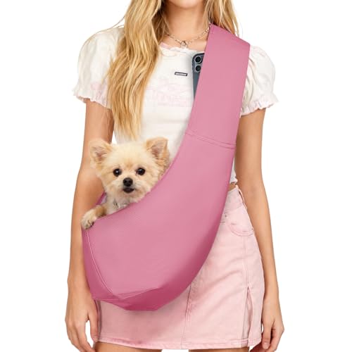 YUDODO Fashion Dog Sling Carrier for Small Dogs Lightweight Crossbody Pet Bag with Safety Strap, Pocket Storage, Machine Washable, Comfortable Travel & Outdoor Sling up to 9 lbs Pink - color: Pink (up to 9lbs)