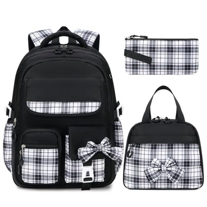 GeeWin School Backpack for Girls, Bookbags School Bag for Teen Girl Elementary Middle School Student, Cute Stylish Plaid Girls Backpack with Matching Insulated Lunch Bag & Pencil Bag(Black) - color: Black