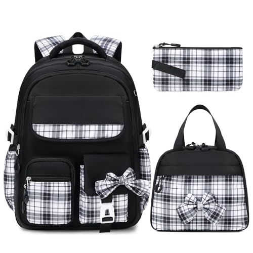 GeeWin School Backpack for Girls, Bookbags School Bag for Teen Girl Elementary Middle School Student, Cute Stylish Plaid Girls Backpack with Matching Insulated Lunch Bag & Pencil Bag(Black) - color: Black