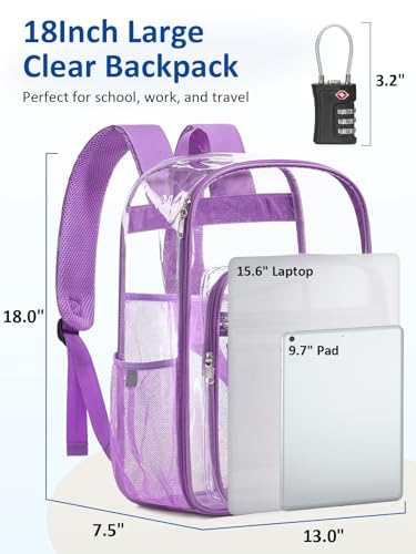 Extra Large Clear Backpack with TSA Lock, Heavy Duty Transparent See Through Clear Bookbag for College, Work, Travel, Casual Sport, Purple - color: Purple