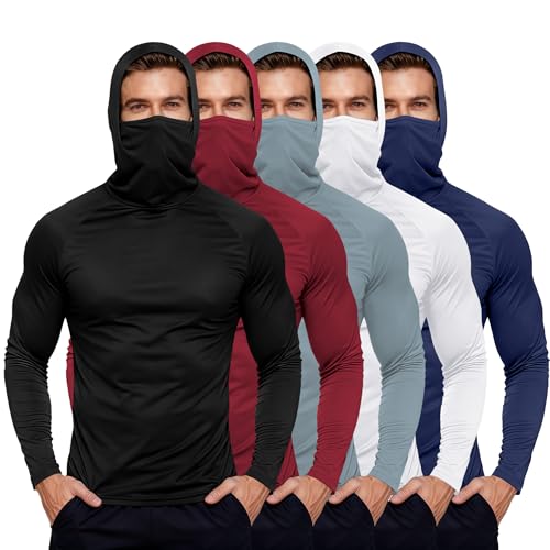 HovSiyla Mens Fishing Hoodie UV Sun Protection Shirts UPF Rash Guard Long Sleeve Shirts Hiking Performance Mesh Face Mask Top - color: 5 Pack : Black Grey White Navy Red, size: Large