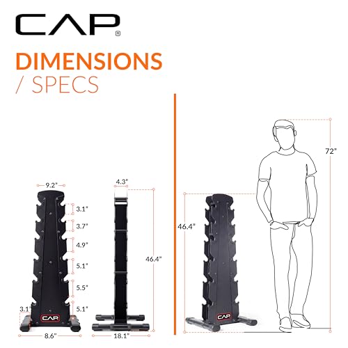 CAP Rubber Coated Hex Dumbbell Set with Storage Rack | 100–210 lb Options, Space-Saving Vertical Compact Storage for Home Gym Strength Training - size: 210 lb - Set - Black Rack, style: 12-Sided Black Handle