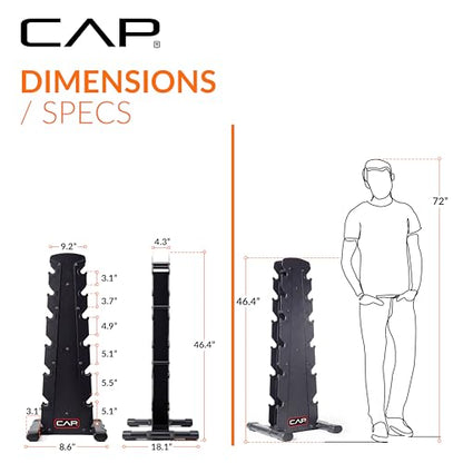 CAP Rubber Coated Hex Dumbbell Set with Storage Rack | 100–210 lb Options, Space-Saving Vertical Compact Storage for Home Gym Strength Training - size: 210 lb - Set - Black Rack, style: 12-Sided Black Handle