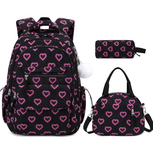 Bevalsa Backpack for Girls, 3PCS Corduroy Kids Backpack Set with Lunch Box & Pencil Pouch, Bookbag Daypack Laptop Bag for Women Teens Elementary Middle High School - color: Black Heart