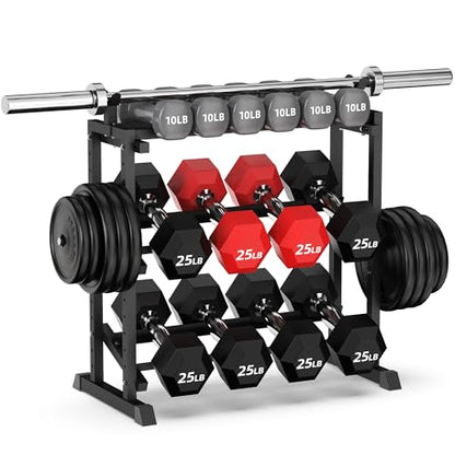 PLKOW Adjustable 3-Tier Dumbbell Rack with Barbell & Weight Plate Storage for Home Gym, Heavy Duty Steel Weight Rack Stand, Angle Height Width Adjustable Gym Organizer - color: Jet Black