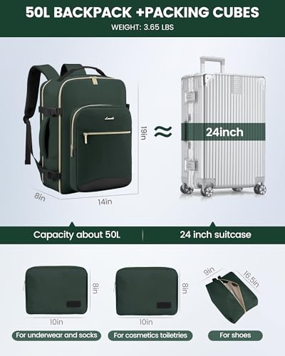 LOVEVOOK 50L Travel Backpack Flight Approved Carry on Backpack,3 Packing Cubes,Waterproof Personal Item Travel Bag,TSA Carry on Luggage Suitcase Travel Essentials,Gifts for Women & Men,fits 18" Laptop - color: Dark Green-black-1, size: X-Large-50L-4Pcs