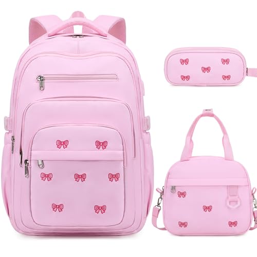 DIGOBAY Backpack for School Girls Boys, College Backpack with Lunch Bag Pencil Case for Teens Kids Elementary Middle High School, Casual Multi-Pocket Travel Daypack with USB Port for Women Men - color: Pink Bow