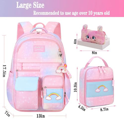 Jcobvig 3Pcs Kids Backpack For Girls,Cute Rainbow Student School Backpack With Lunch Bag Pen Bag Set (Pink Large 17.5in - color: Pink, size: Large