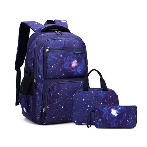 MITOWERMI Boys Backpacks for Primary Junior School Kids Backpack with Lunch Box Galaxy Space Bookbags for Boys Girls - color: #01 Dark Blue Galaxy, style: 3 Pcs Set Backpack