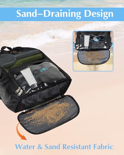 Drawstring Backpack Sandproof Beach Backpack with Shoe Compartment & Wet Pocket Waterproof Mesh Swim Bag Pool Bag for Gym, Travel and Workout Gear (Black) - color: Black