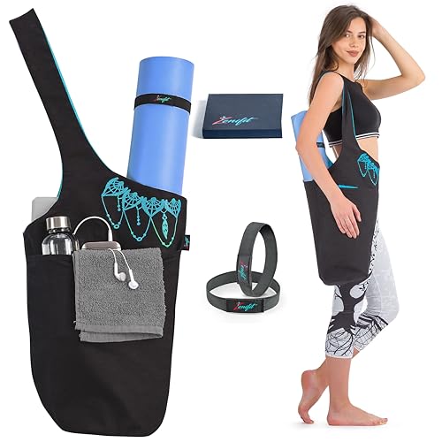 Yoga Mat Bag – Versatile Yoga Bag with Mat Straps & Storage Pockets, Holds Yoga & Pilates Mats, Lightweight & Durable - color: Black & Azure Blue