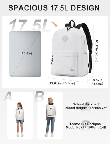VASCHY Lightweight Backpack for School, Classic Basic Water Resistant Casual Daypack for Travel with Bottle Side Pockets (White) - color: White