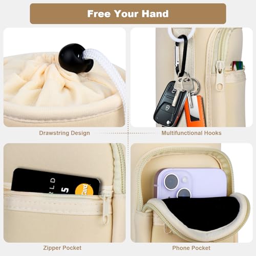Water Bottle Holder with Strap, Water Bottle Carrier Bag with Phone Pocket, Shoulder Hand Strap Insulated Neoprene 32/40 oz Water Bottle Sleeve for Walking Hiking Camping Gym - color: 2 BEIGE, size: under 32oz