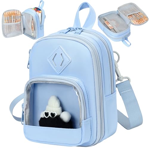 Large Capacity Kids Backpack Pencil Case Pen Bag with Clear Pocket, Cute Kawaii Pen Pouch Organizer with Adjustable Strap & Plush Doll Keychain for School Girls Boys (Blue) - color: Blue