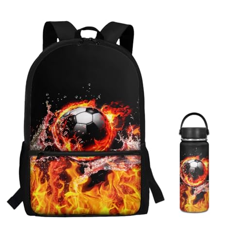 ZOUTAIRONG School Bags for Boys 7-10/10-12/12-16, Flaming Water Soccer Ball Design Insulated Water Bottle for Hot & Cold Drinks, Casual Cute Backpack with Side Pockets - color: Flaming Water Soccer Ball Design