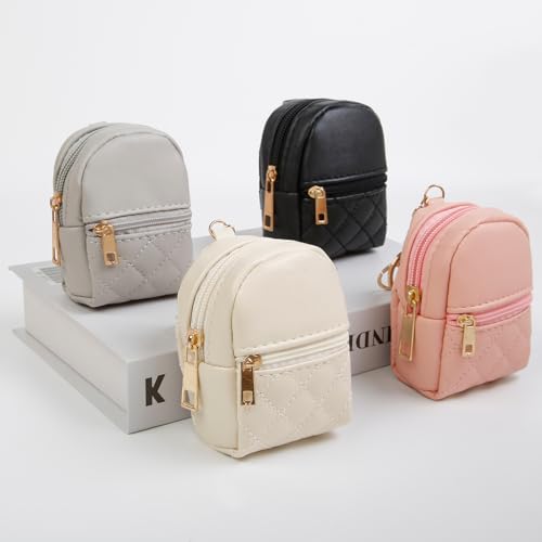 AIBFRID 4Pcs Mini Backpack Keychain,Cute Cosmetic Bag for Women Mother's Day,PU Leather Makeup Bag Key Pocket Lipstick Bag Card Holder Data Cable Organizer Zipper Pouch (black beige pink gray) - color: black beige pink gray