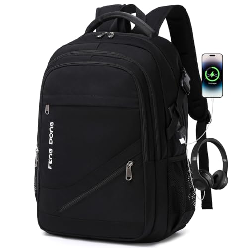 FENGDONG Durable Waterproof Travel Laptop Backpack 17.3 inch,Large College Backpack Bookbag for Men & Women Business Backpack with USB Charging Port and Headset Port Black - color: A3-black