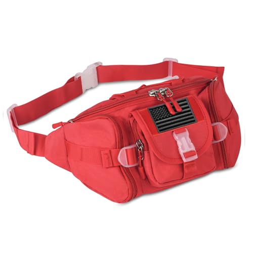 ArcEnCiel Tactical Fanny Pack for Men Women Waist Bag Hip Belt Outdoor Hiking Fishing Bumbag with Patch（Red） - color: Red