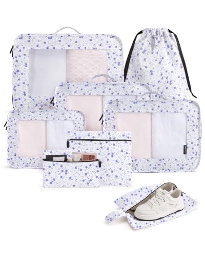 LIGHT FLIGHT 8 Set Packing Cubes for Travel, Durable Travel Essentials for Cruish Ship, Suitcase Organizer Packing Bags (8-Pack 1L+2M+1S+1Shoe bag+2Toiletry Bags+1Laundry Bag) - color: Ditsy Blue Floral