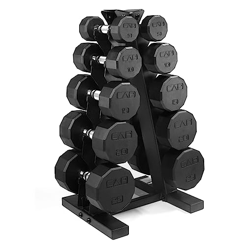 CAP Rubber Coated Hex Dumbbell Set with Storage Rack | 100–210 lb Options, Space-Saving Vertical Compact Storage for Home Gym Strength Training - size: 150 lb - Set, style: 12-Sided Chrome Handle