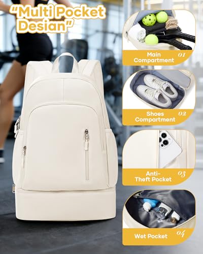 Gym Backpack for Women Men,Waterproof Gym Backpack with Shoe Compartment,Lightweight Sports Gym Bag Casual Daypack,Beige - color: B-beige